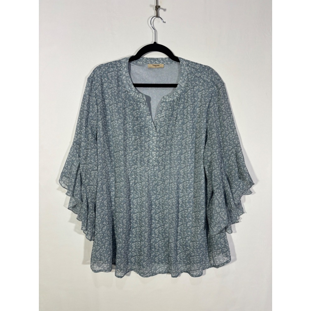 Fairy Boho Cottagecore Timeson Floral Ruffle Sleeve Blouse Womens XXL Blue